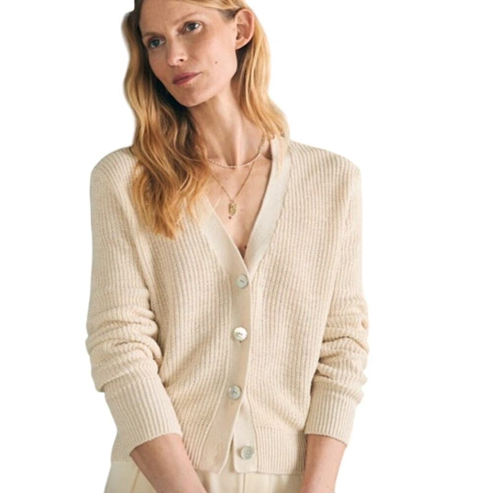 Faherty Cream Ribbed V-Neck Cardigan - Picture 14 of 14